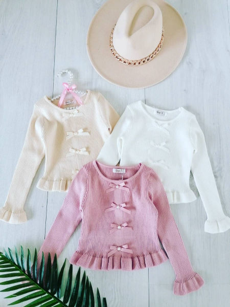 Sweterek z Kokardkami Jasny Beż - KARMELOWY BUTIK zdjęcie 2