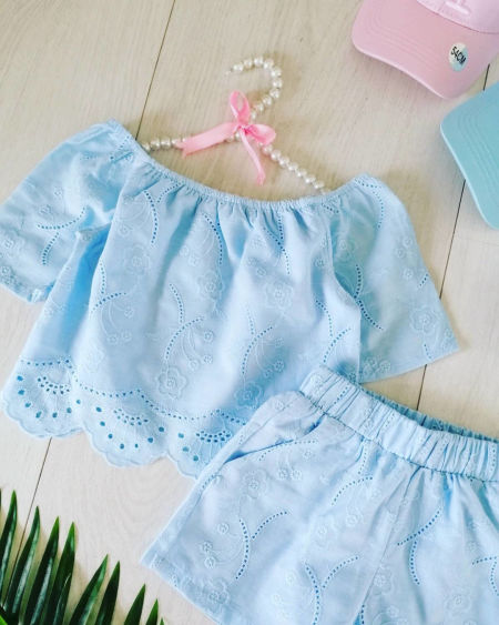 Zestaw z Haftowanej Bawełny Błękitny - KARMELOWY BUTIK zdjęcie 2