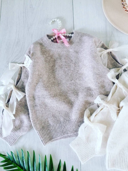 Sweterek z Kokardami Beżowy - KARMELOWY BUTIK zdjęcie 2