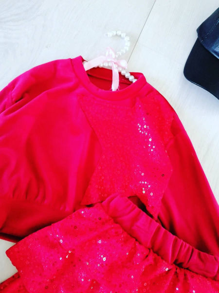 Zestaw Welurowy z Cekinami Czerwony - KARMELOWY BUTIK zdjęcie 1