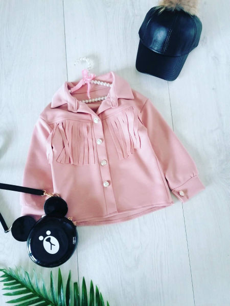 Kurtka z Frędzlami Pudrowa - KARMELOWY BUTIK zdjęcie 2