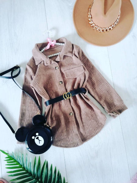 Płaszczyk Koszulowy z Paskiem Beżowy - KARMELOWY BUTIK zdjęcie 1