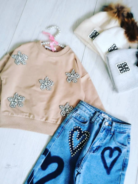 Bluza z Cyrkoniowymi Kwiatami Beżowa - KARMELOWY BUTIK zdjęcie 4