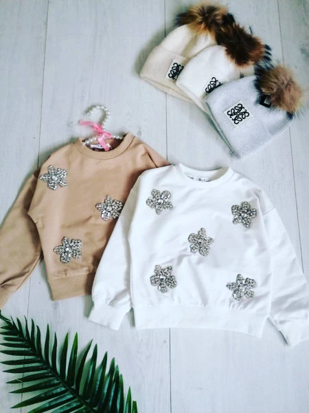 Bluza z Cyrkoniowymi Kwiatami Biała - KARMELOWY BUTIK zdjęcie 3